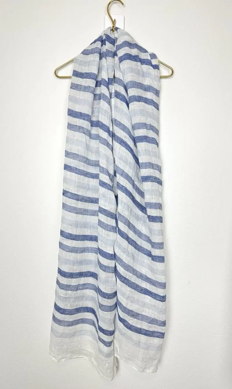 Fabindia Handwoven 100% Linen Stole Wrap Scarf Blue White Stripe 98